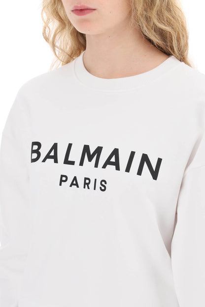 Cropped Sweatshirt With Flocked Logo  - White