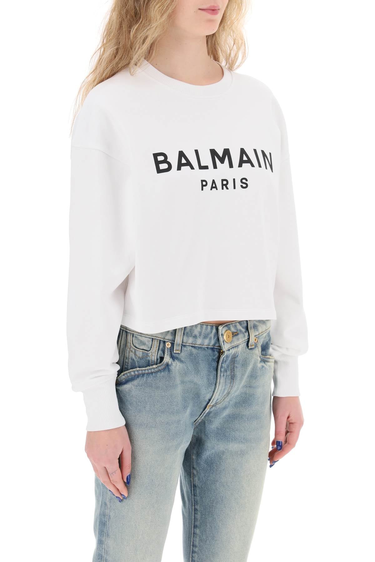 Cropped Sweatshirt With Flocked Logo  - White