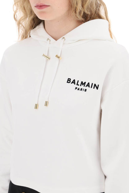 Cropped Hoodie With Flocked Logo  - White