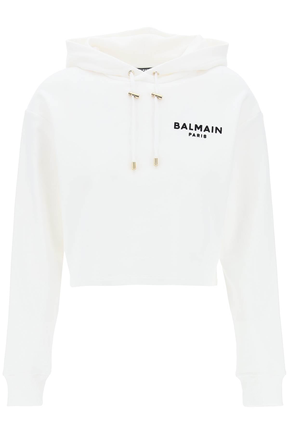 Cropped Hoodie With Flocked Logo  - White