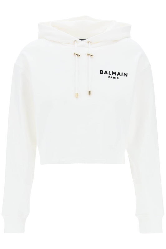 Cropped Hoodie With Flocked Logo  - White