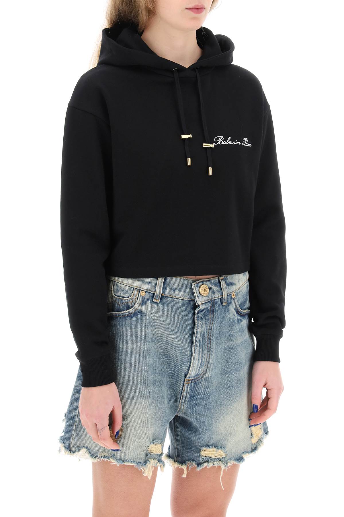 Cropped Hoodie With Logo Embroidery  - Black