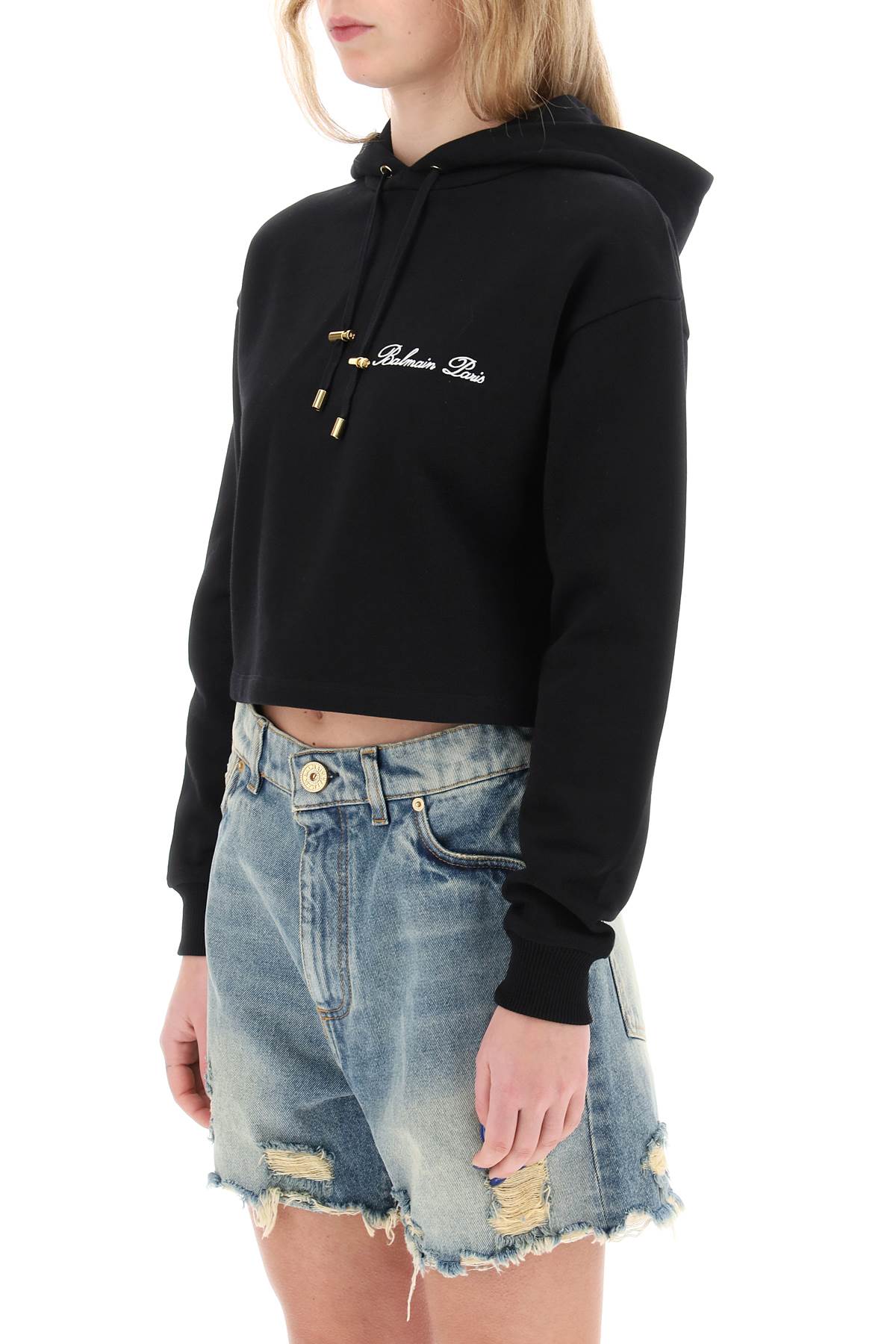 Cropped Hoodie With Logo Embroidery  - Black