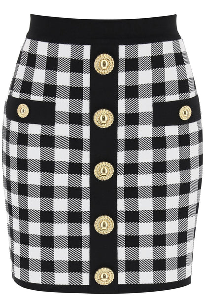 Gingham Knit Mini Skirt With Embossed Buttons  - White