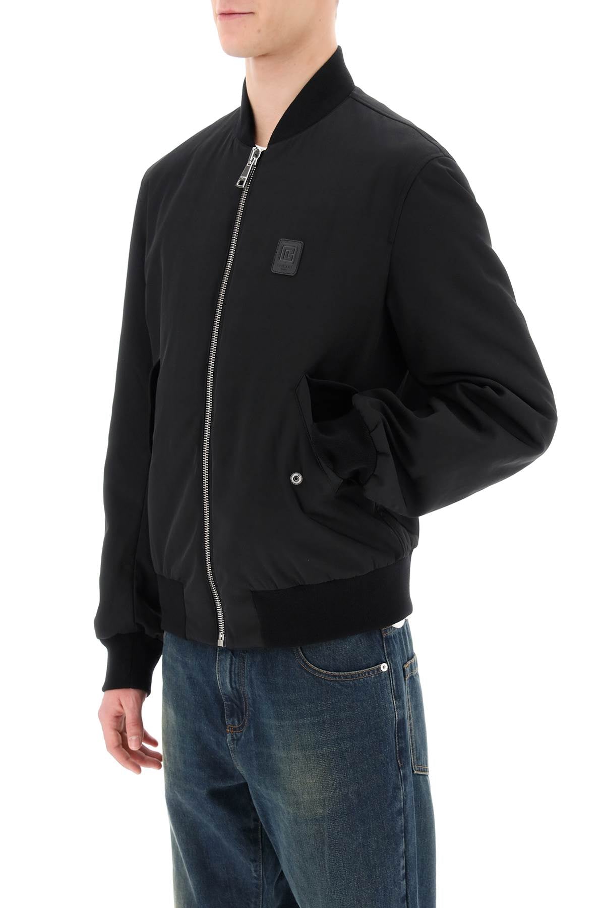 Nylon Bomber Jacket With Logo Print  - Black