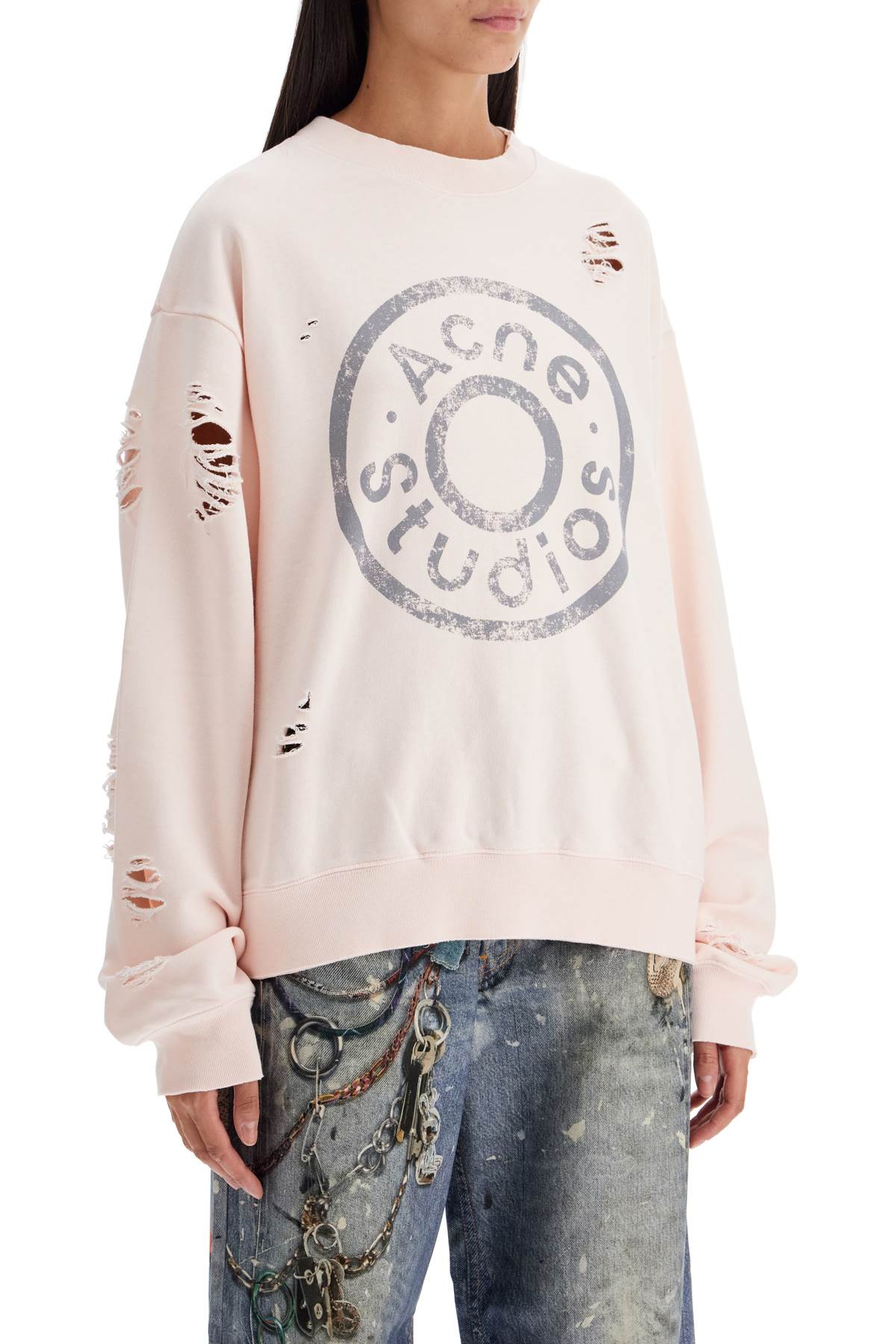 Distressed Sweatshirt With Logo Print  - Rosa