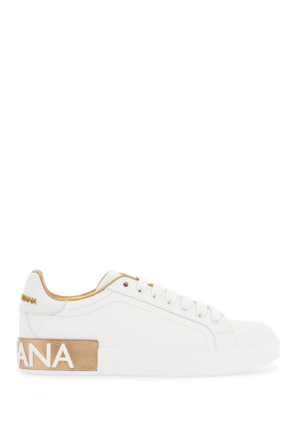 White Calfskin Low-top Sneakers With Gold Details And Velcro Closure  - White