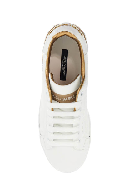 White Calfskin Low-top Sneakers With Gold Details And Velcro Closure  - White