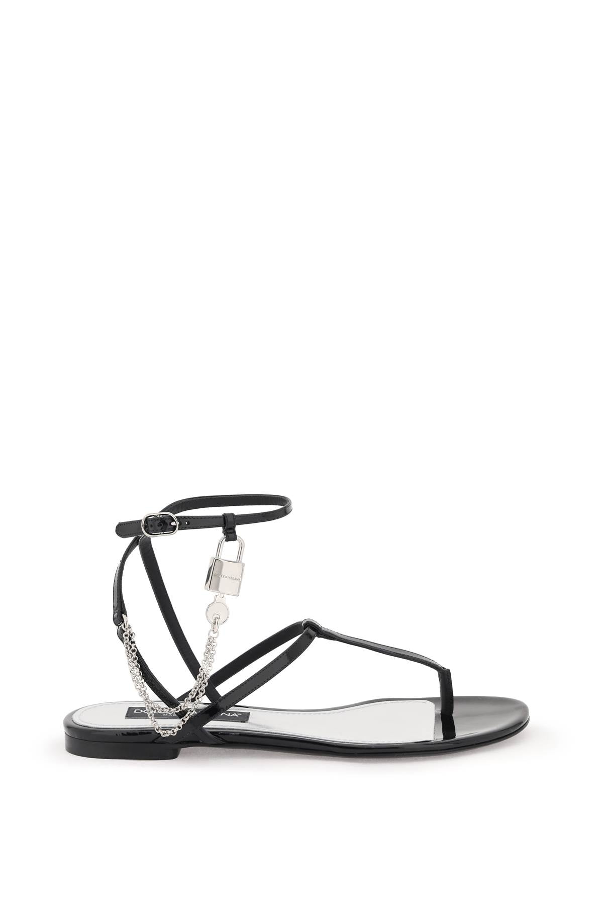 Patent Leather Thong Sandals With Padlock  - Black