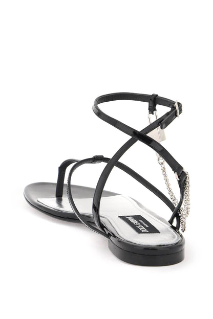 Patent Leather Thong Sandals With Padlock  - Black