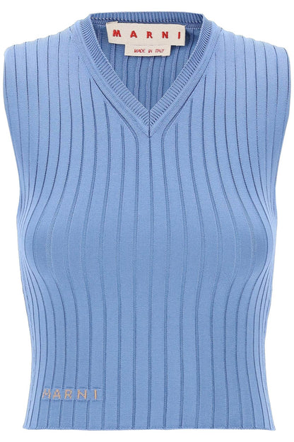 Sleeveless Ribbed Knit Top  - Light Blue