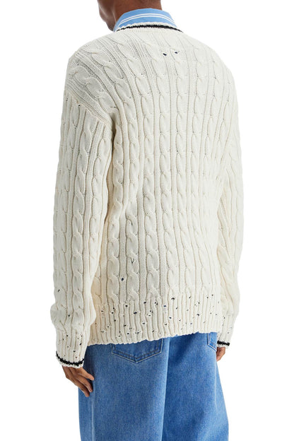 White Cotton Sweater With Cable Knit V-neck  - White