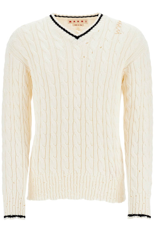 White Cotton Sweater With Cable Knit V-neck  - White