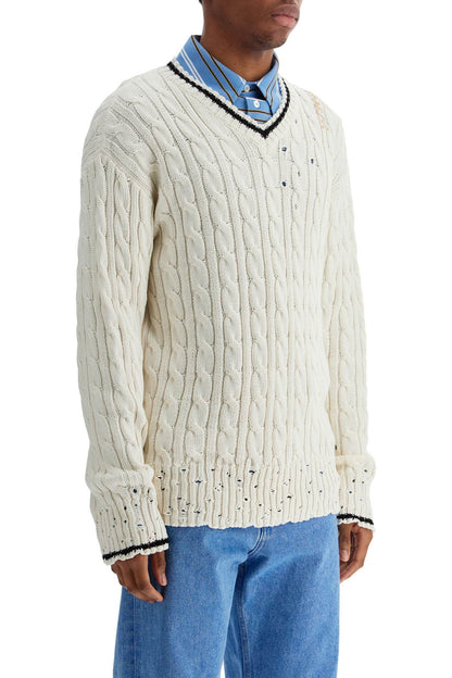 White Cotton Sweater With Cable Knit V-neck  - White