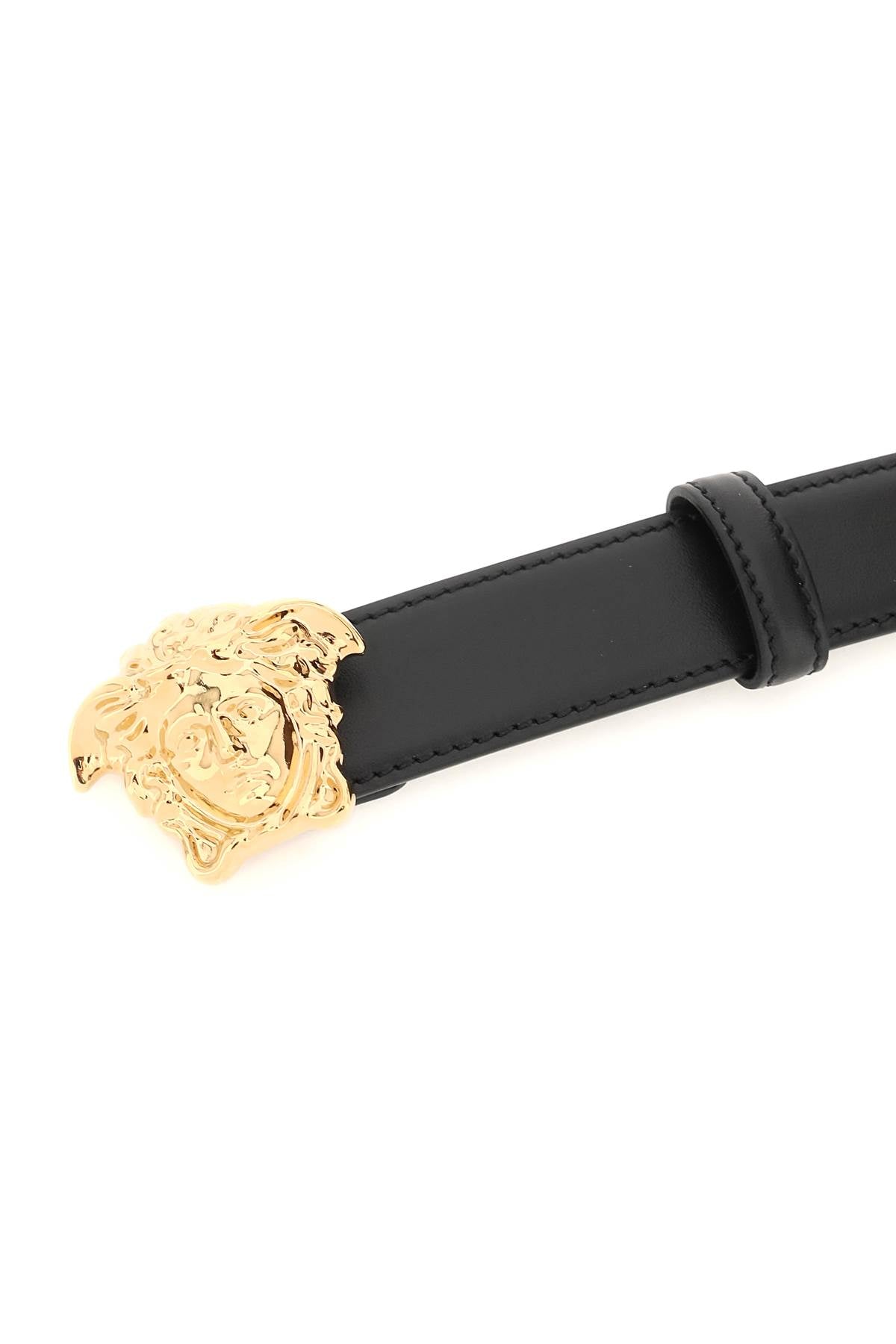 Medusa Buckle Leather Belt  - Black