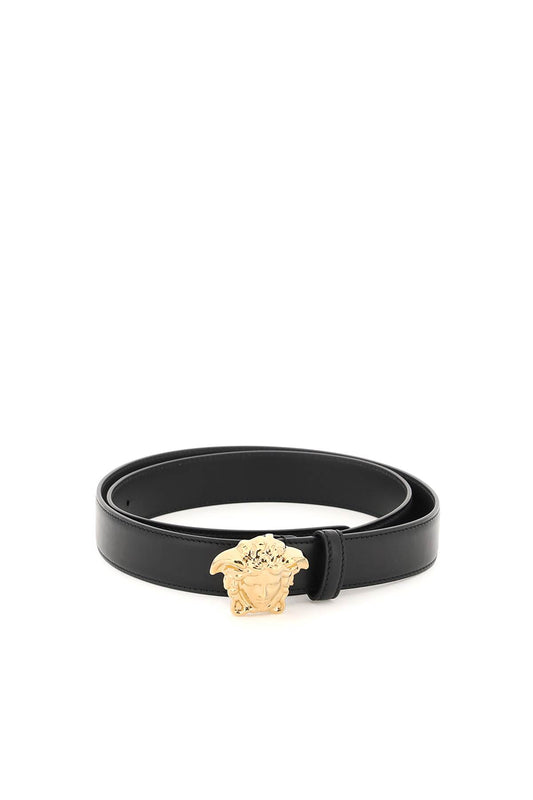 Medusa Buckle Leather Belt  - Black