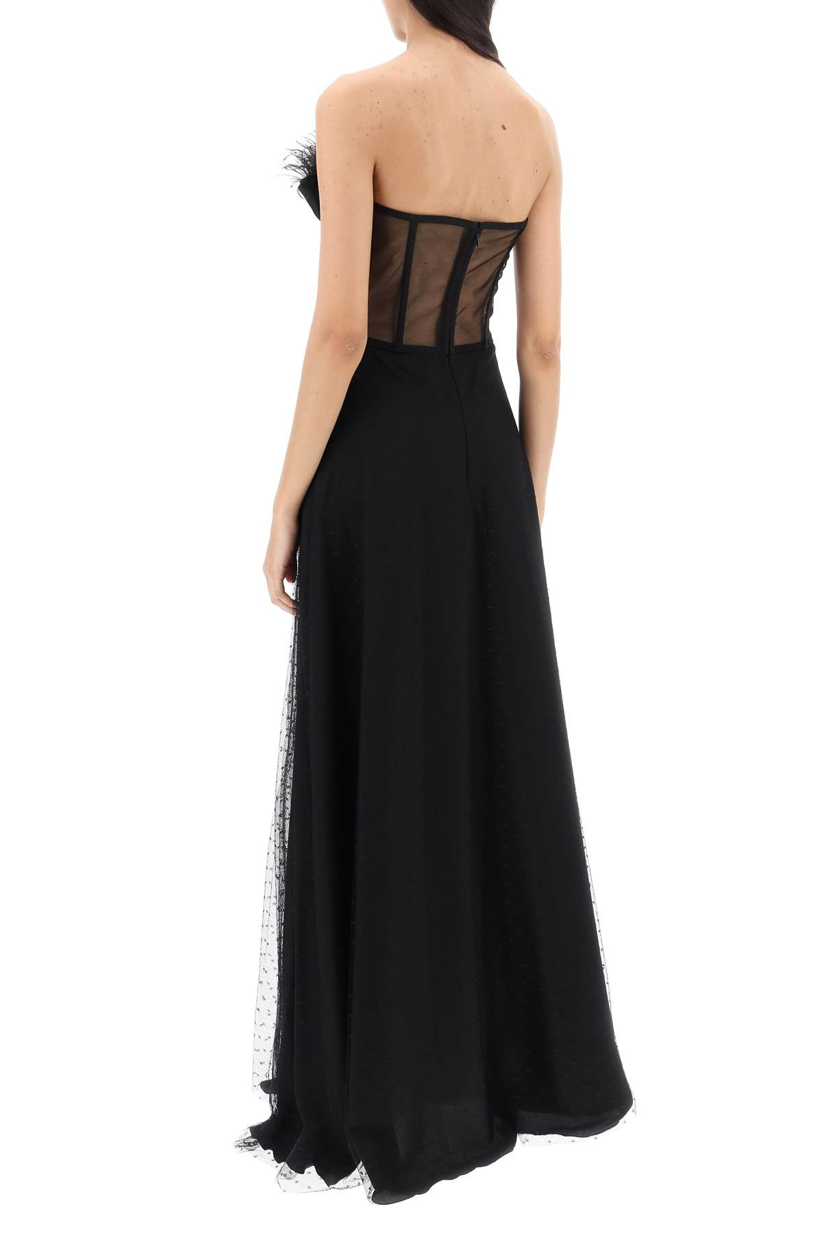 Long Bustier Dress With Feather Trim  - Nero