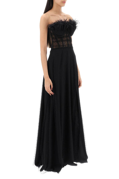 Long Bustier Dress With Feather Trim  - Nero