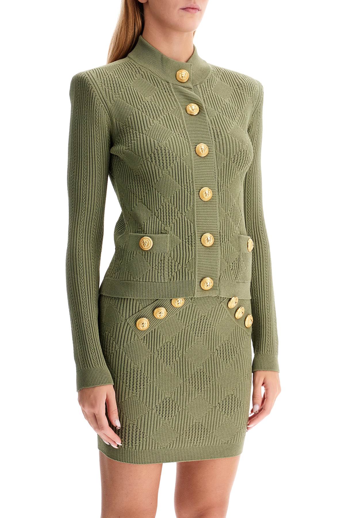 High-neck Cardigan With Embossed Buttons  - Green