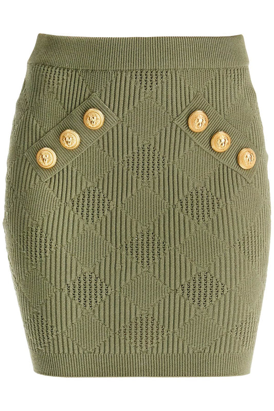 Knitted Mini Skirt With Embossed Buttons  - Green