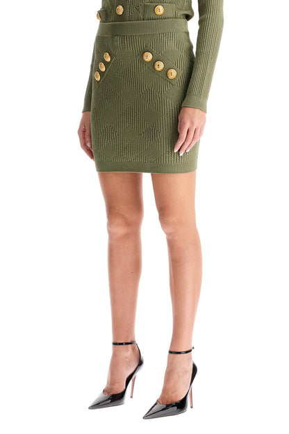 Knitted Mini Skirt With Embossed Buttons  - Green