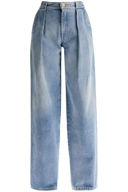 Wide Leg Jeans With Pleats  - Light Blue