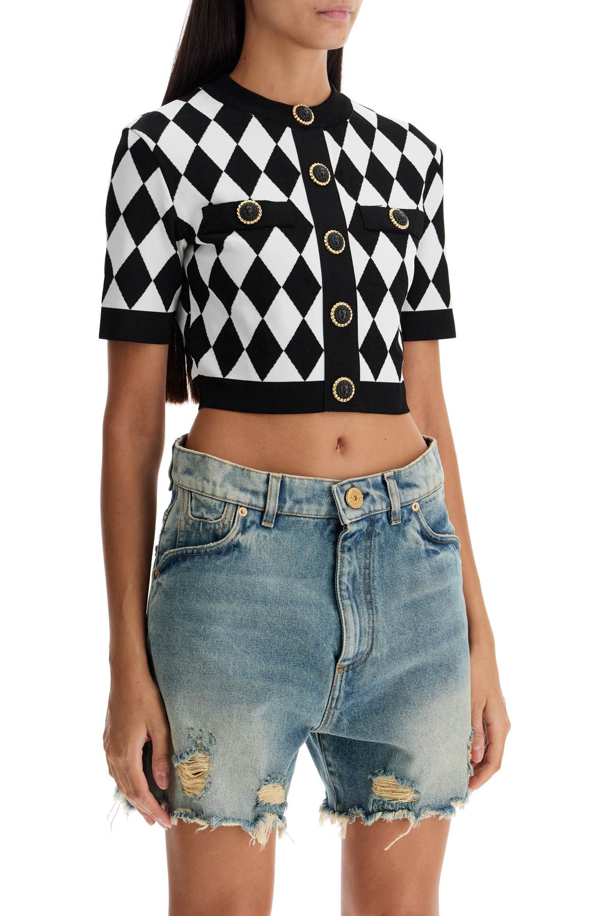 'jacquard Diamond Pattern Knit Crop Top  - Black