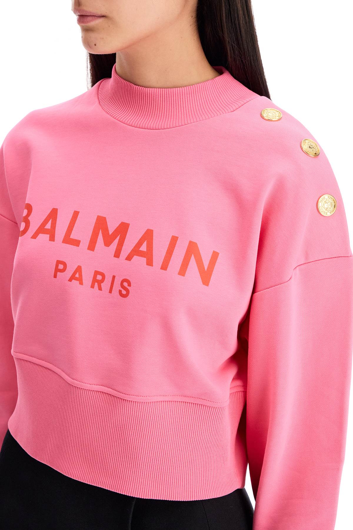 Cropped Sweatshirt With Buttons  - Pink