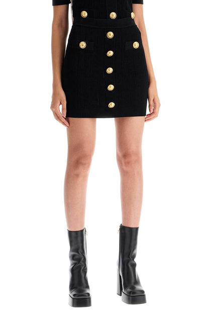 Knitted Mini Skirt With Embossed Buttons  - Black