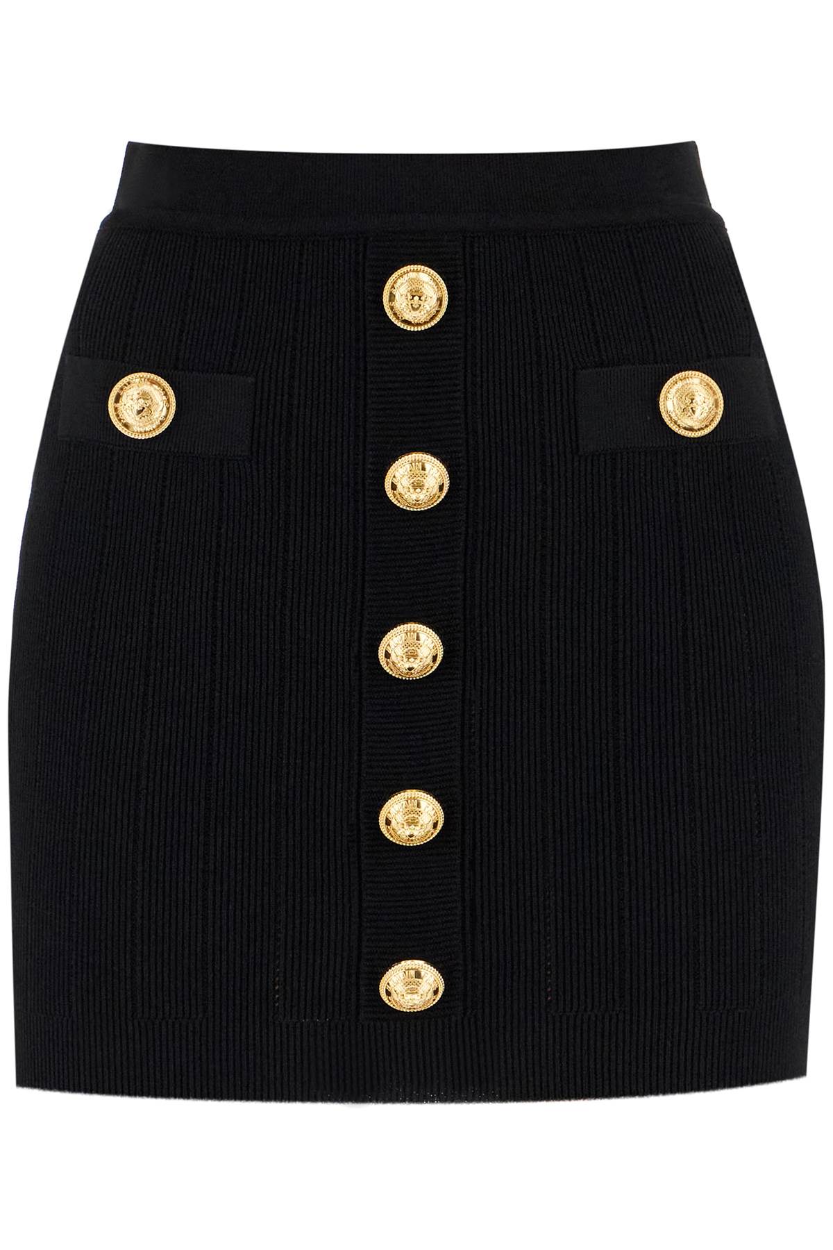 Knitted Mini Skirt With Embossed Buttons  - Black