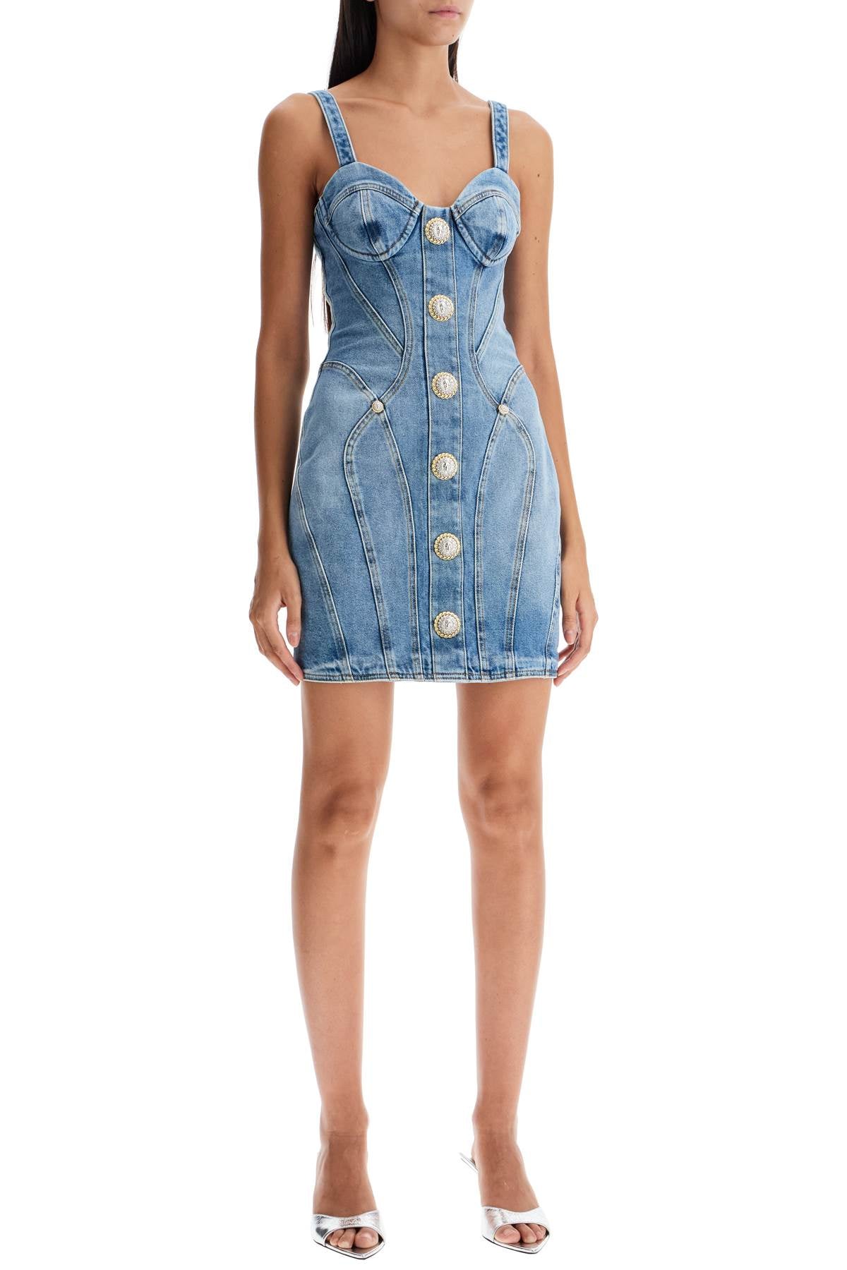 Mini Denim Dress With Decorative Buttons  - Blue