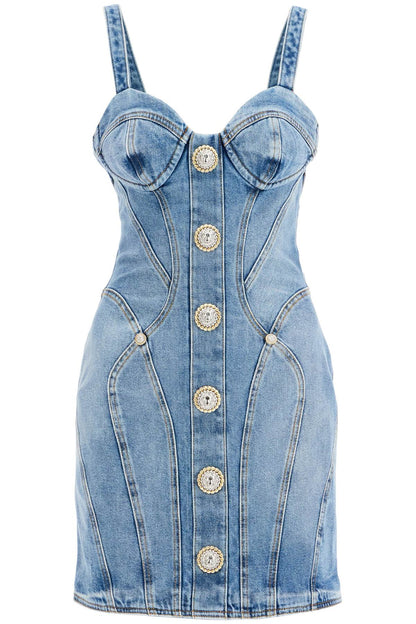 Mini Denim Dress With Decorative Buttons  - Blue