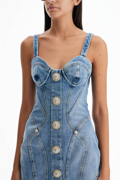 Mini Denim Dress With Decorative Buttons  - Blue