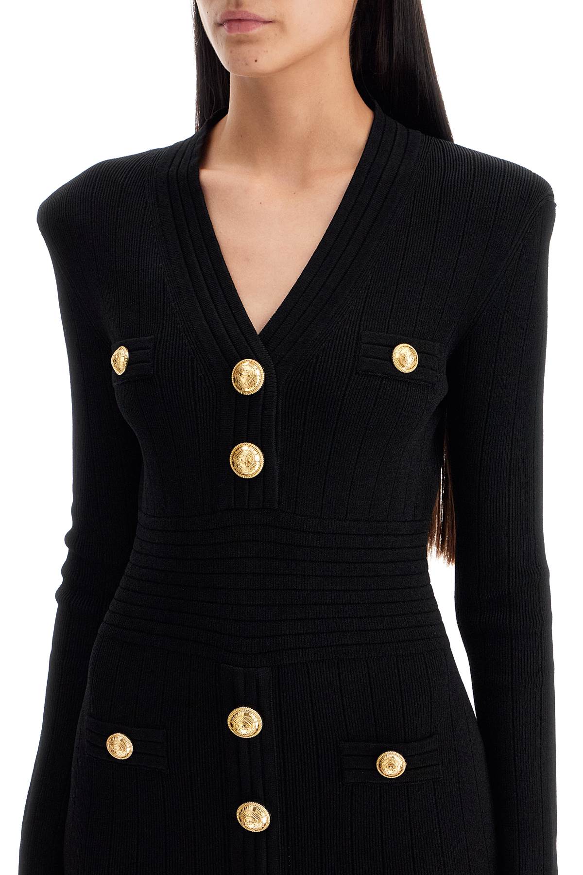 Knitted Mini Dress With Buttons  - Black