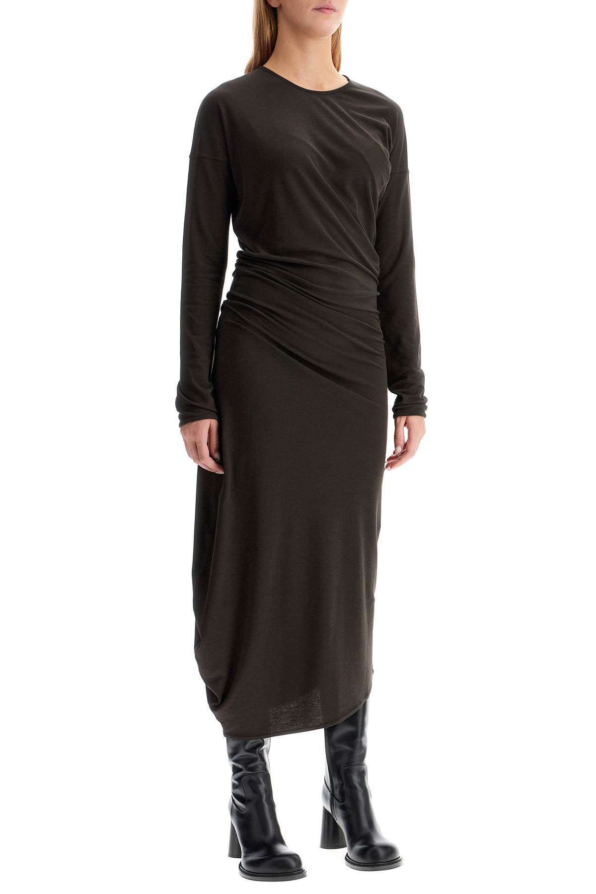 Long-sleeved Twisted Dress  - Brown