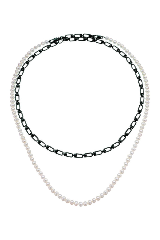 'reine' Double Necklace With Pearls  - Bianco