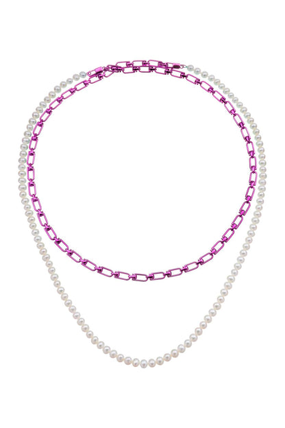 'reine' Double Necklace With Pearls  - Bianco