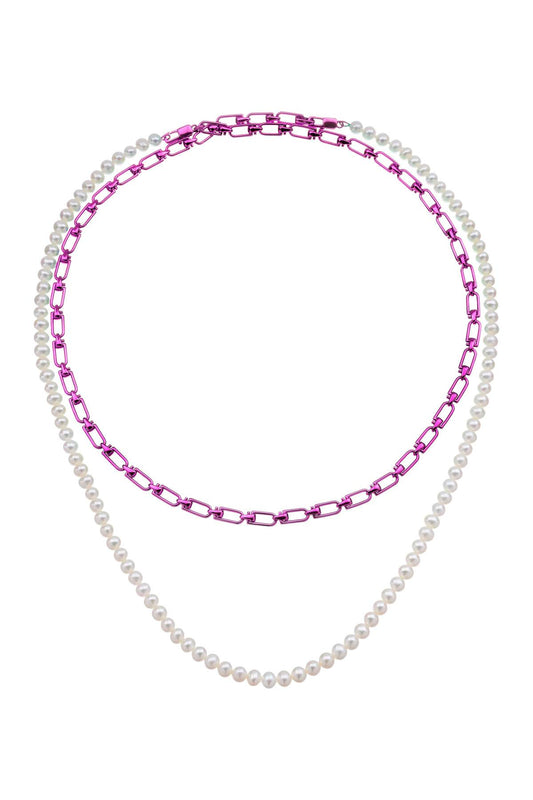 'reine' Double Necklace With Pearls  - Bianco