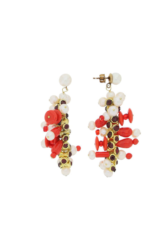 Dangling Pearl Drop Earrings.  - Red