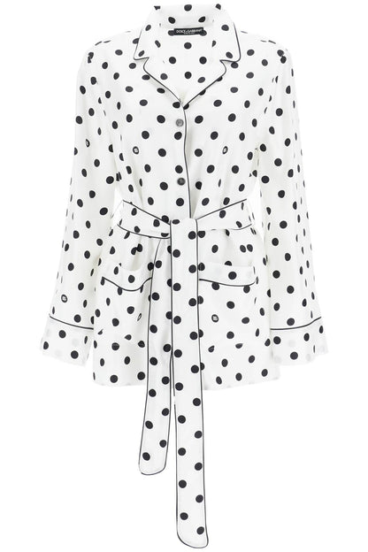 Silk Polka Dot Pajama Shirt  - White