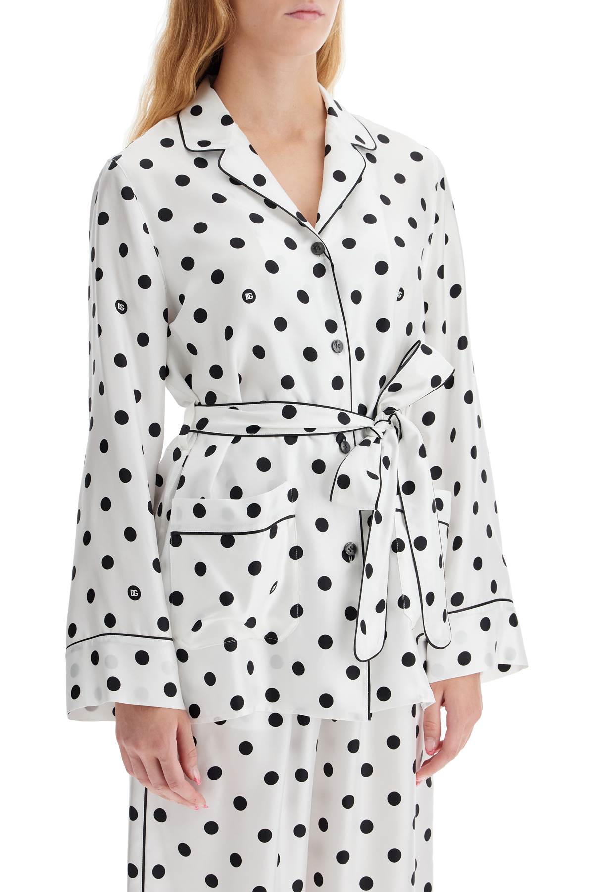 Silk Polka Dot Pajama Shirt  - White