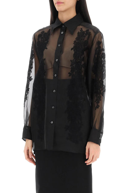 Organza Shirt With Lace Inserts  - Black