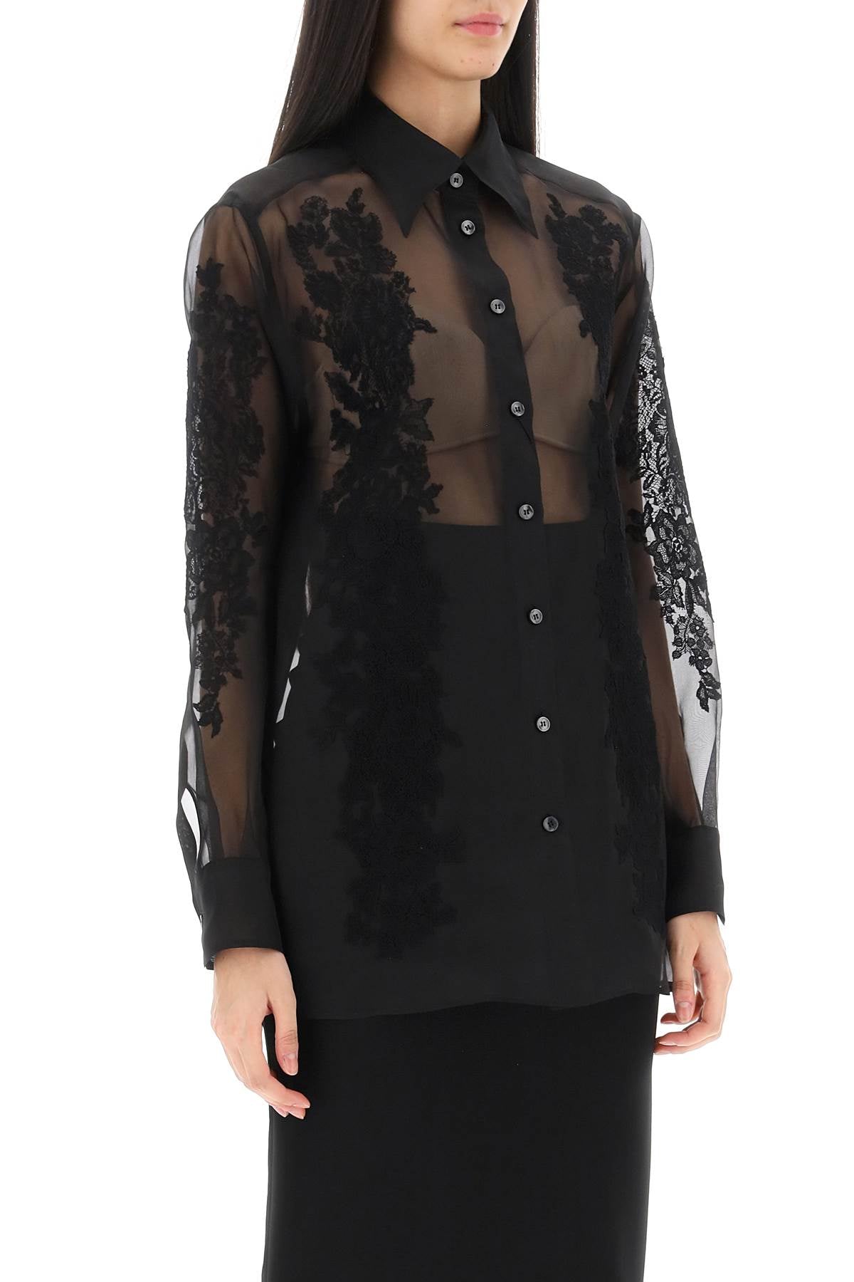 Organza Shirt With Lace Inserts  - Black