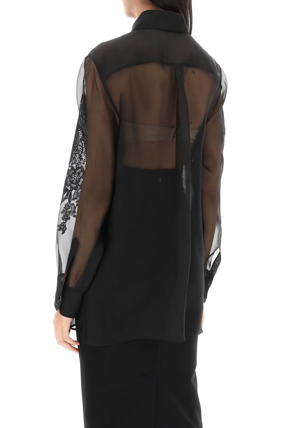 Organza Shirt With Lace Inserts  - Black