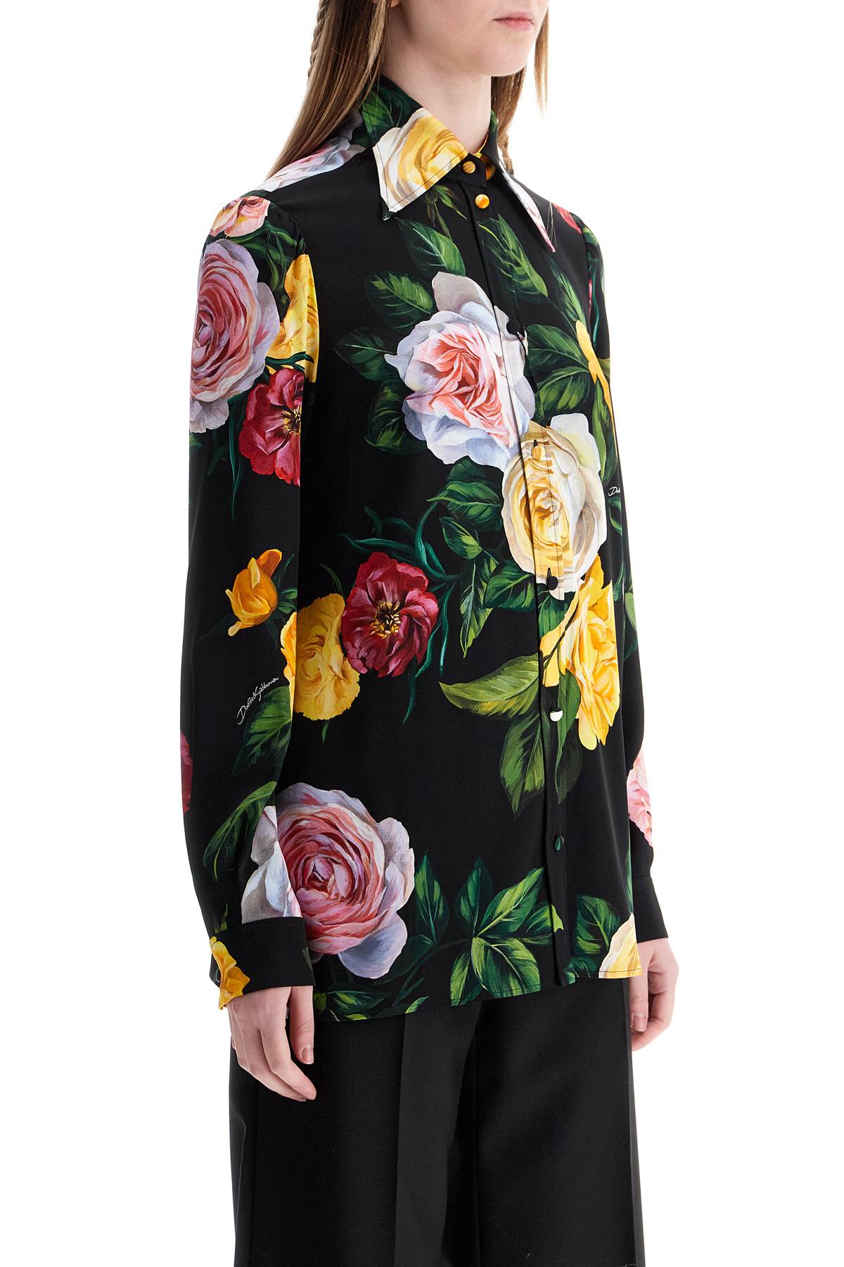 Black Silk Shirt With Multicolored Roses And Yellow Buttons  - Black