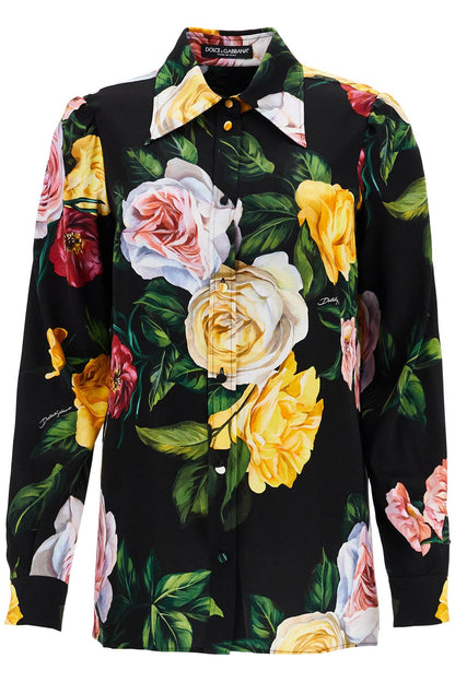 Black Silk Shirt With Multicolored Roses And Yellow Buttons  - Black