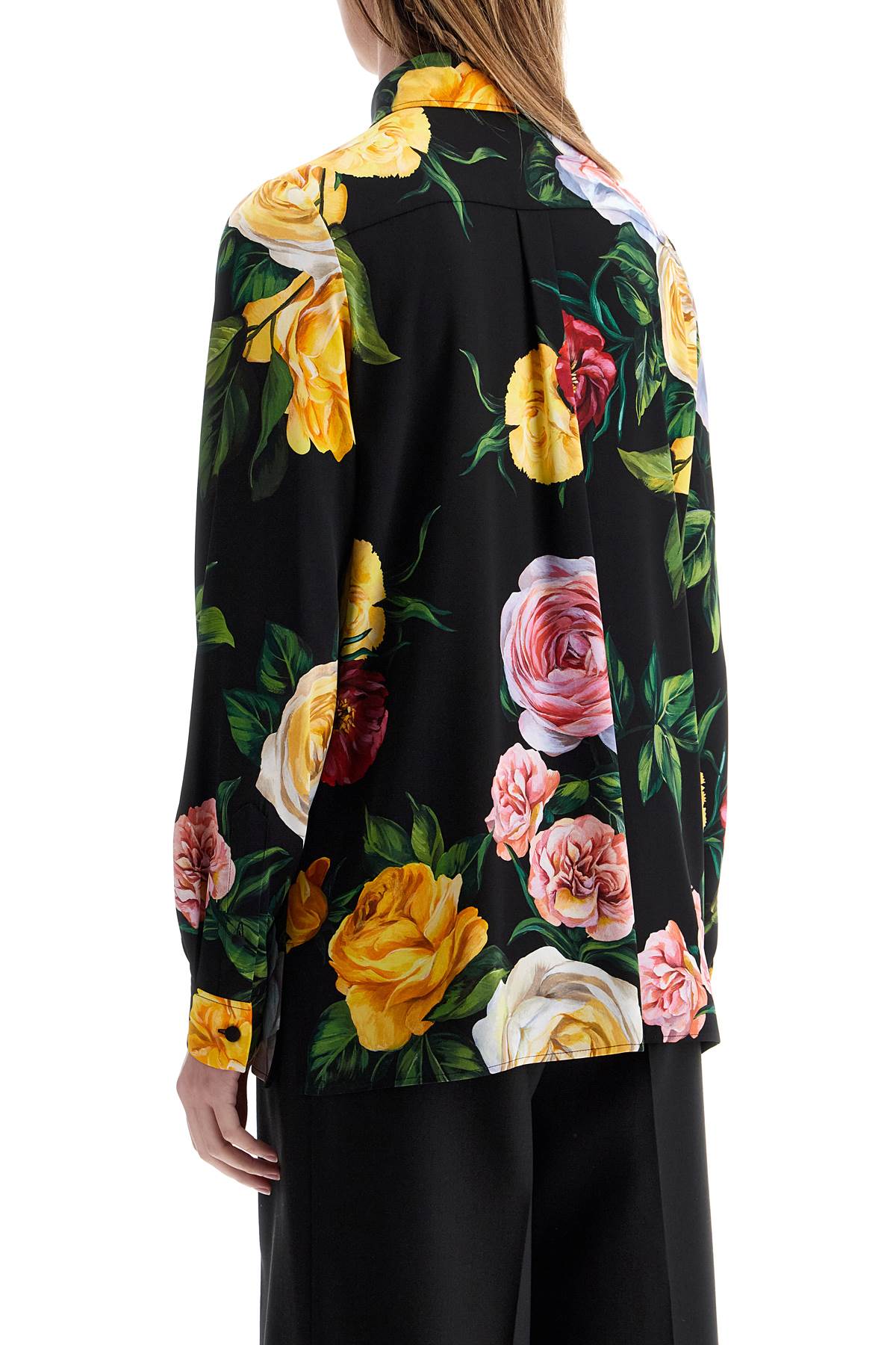 Black Silk Shirt With Multicolored Roses And Yellow Buttons  - Black