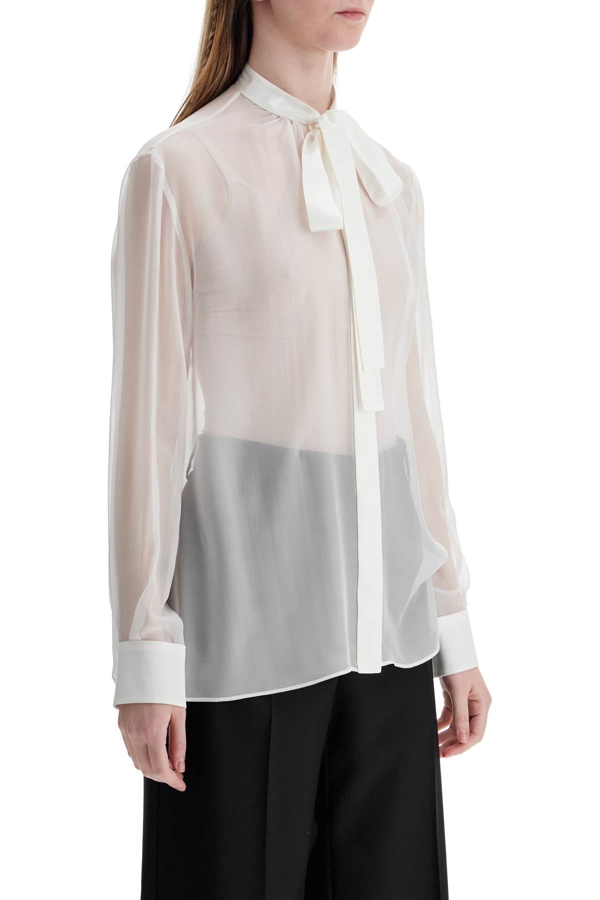 Optical White Silk Shirt With Mandarin Collar  - White