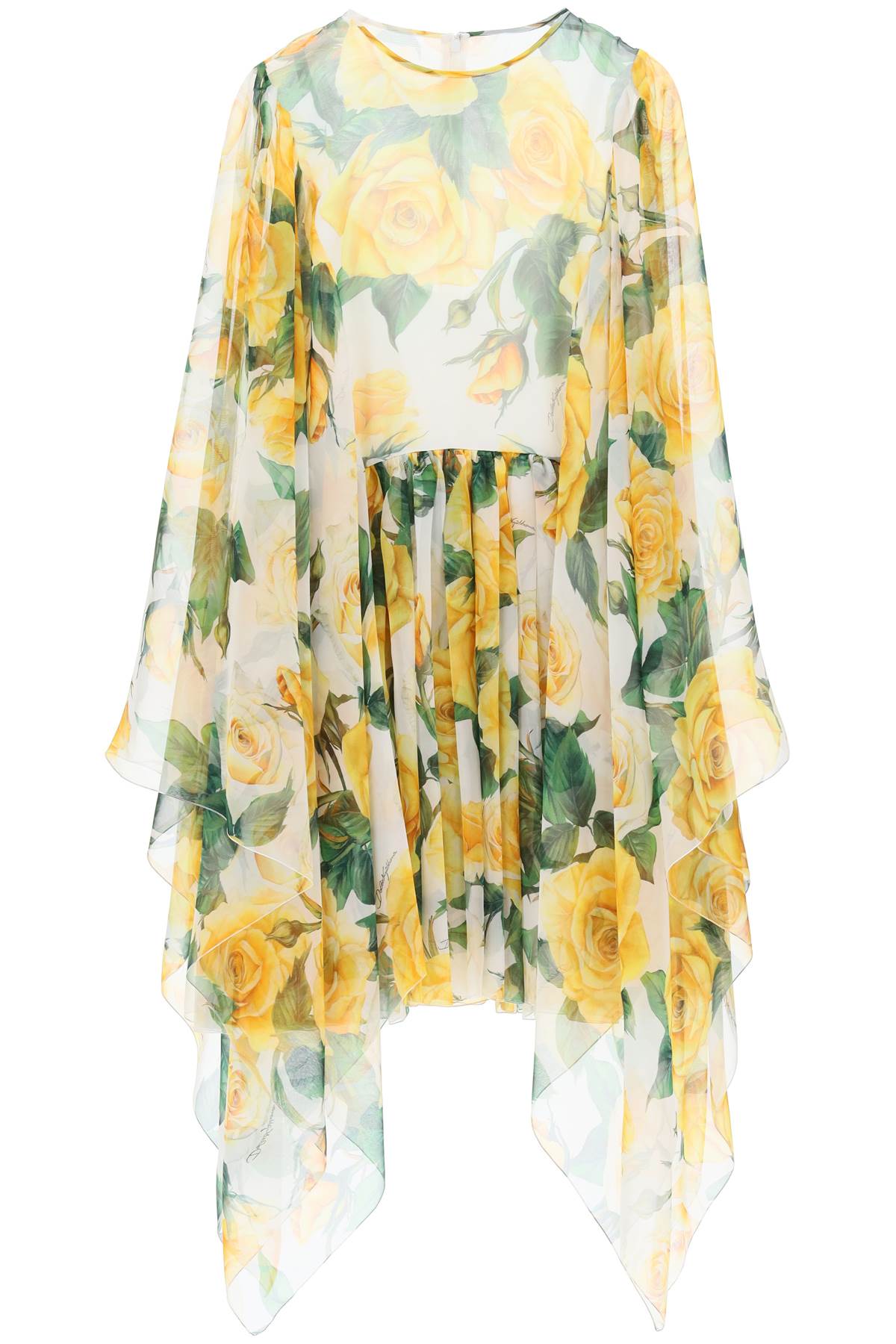 'short Silk Chiffon Dress With Yellow Rose Print'  - White