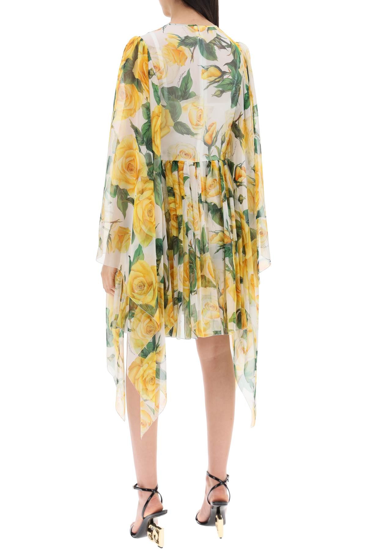 'short Silk Chiffon Dress With Yellow Rose Print'  - White